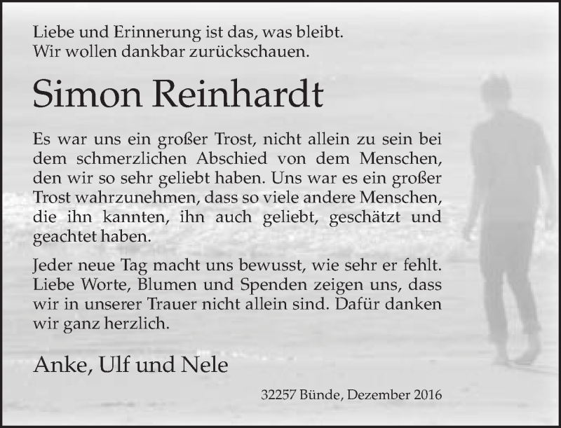  Traueranzeige für Simon Reinhardt vom 10.12.2016 aus Neue Westfälische