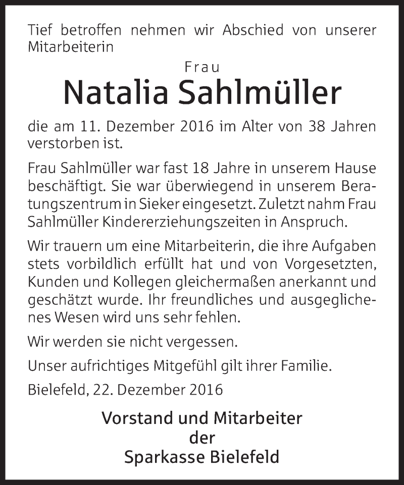  Traueranzeige für Natalia Sahlmüller vom 23.12.2016 aus Neue Westfälische