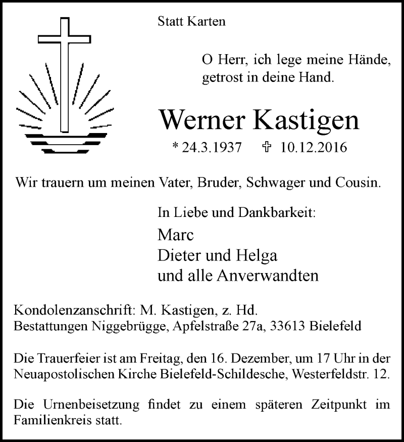  Traueranzeige für Werner Kastigen vom 14.12.2016 aus Neue Westfälische