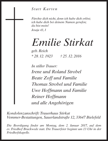 Traueranzeige von Emilie Stirkat von Neue Westfälische