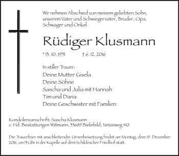 Traueranzeige von Rüdiger Klusmann von Neue Westfälische
