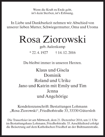 Traueranzeige von Rosa Ziorowski von Neue Westfälische