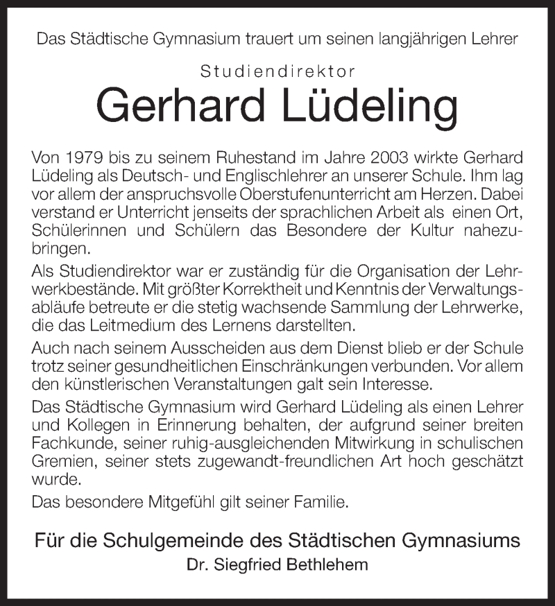  Traueranzeige für Gerhard Lüdeling vom 30.12.2016 aus Neue Westfälische
