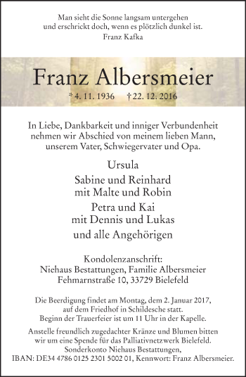 Traueranzeige von Franz Albersmeier von Neue Westfälische