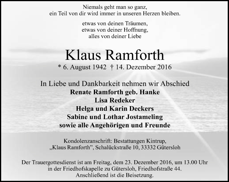  Traueranzeige für Klaus Ramfort vom 19.12.2016 aus Neue Westfälische