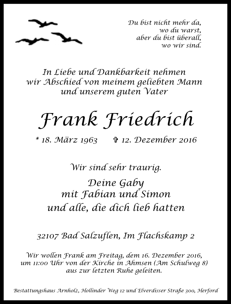  Traueranzeige für Frank Friedrich vom 14.12.2016 aus Neue Westfälische