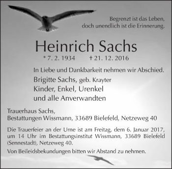 Traueranzeige von Heinrich Sachs von Neue Westfälische