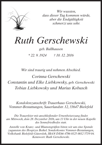 Traueranzeige von Ruth Gerschewski von Neue Westfälische