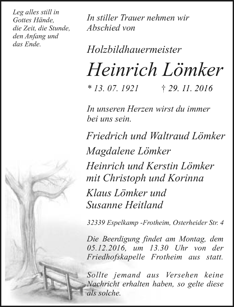  Traueranzeige für Heinrich Lömker vom 01.12.2016 aus Neue Westfälische