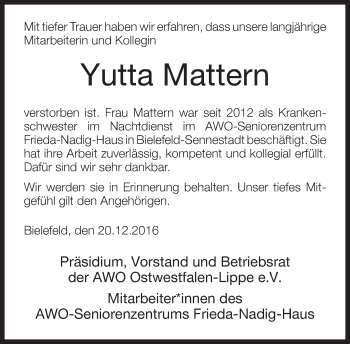 Traueranzeige von Yutta Mattern von Neue Westfälische