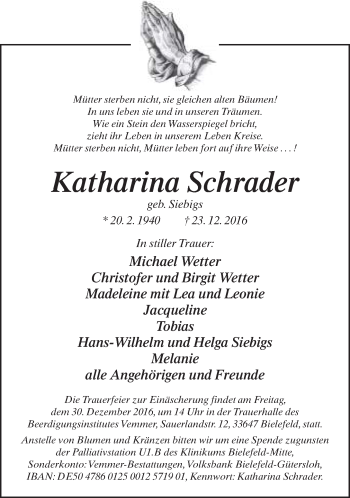 Traueranzeige von Katharina Schrader von Neue Westfälische