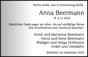 Traueranzeige von Anna Beermann von Neue Westfälische