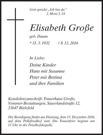 Traueranzeige von Elisabeth Große von Neue Westfälische