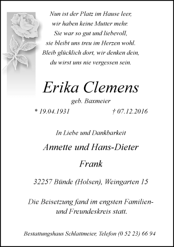 Traueranzeige von Erika Clemens von Neue Westfälische