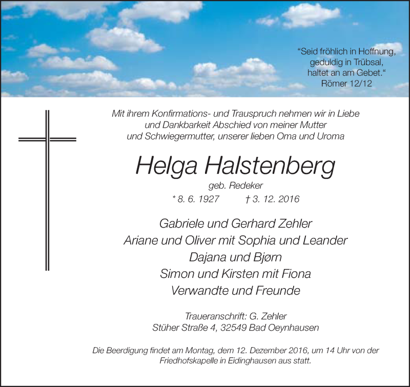  Traueranzeige für Helga Halstenberg vom 10.12.2016 aus Neue Westfälische