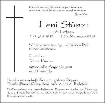 Traueranzeige von Leni Stünzi von Neue Westfälische