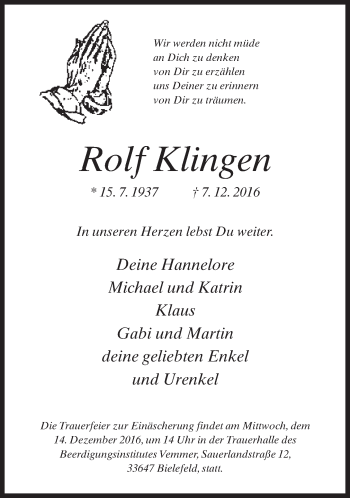 Traueranzeige von Rolf Klingen von Neue Westfälische