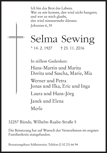 Traueranzeige von Selma Sewing von Neue Westfälische