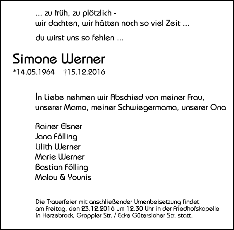  Traueranzeige für Simone Werner vom 19.12.2016 aus Neue Westfälische