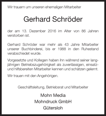 Traueranzeige von Gerhard Schröder von Neue Westfälische