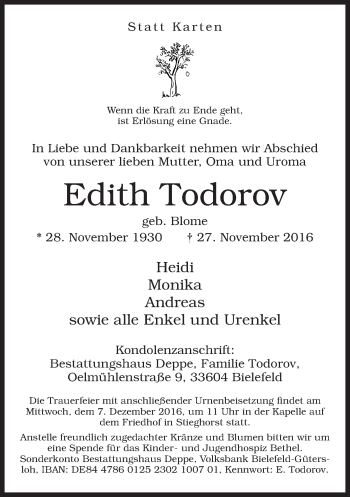 Traueranzeige von Edith Todorov von Neue Westfälische