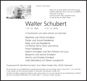 Traueranzeige von Walter Schubert von Neue Westfälische