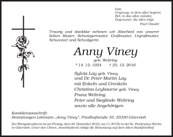 Traueranzeige von Anny Viney von Neue Westfälische