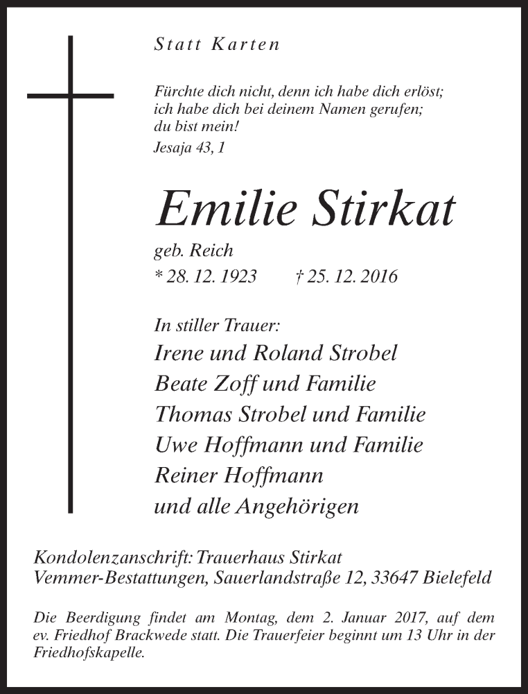  Traueranzeige für Emilie Stirkat vom 28.12.2016 aus Neue Westfälische