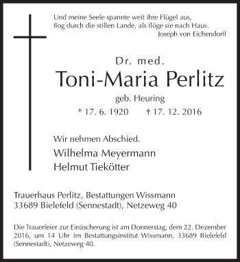 Traueranzeige von Toni-Maria Perlitz von Neue Westfälische