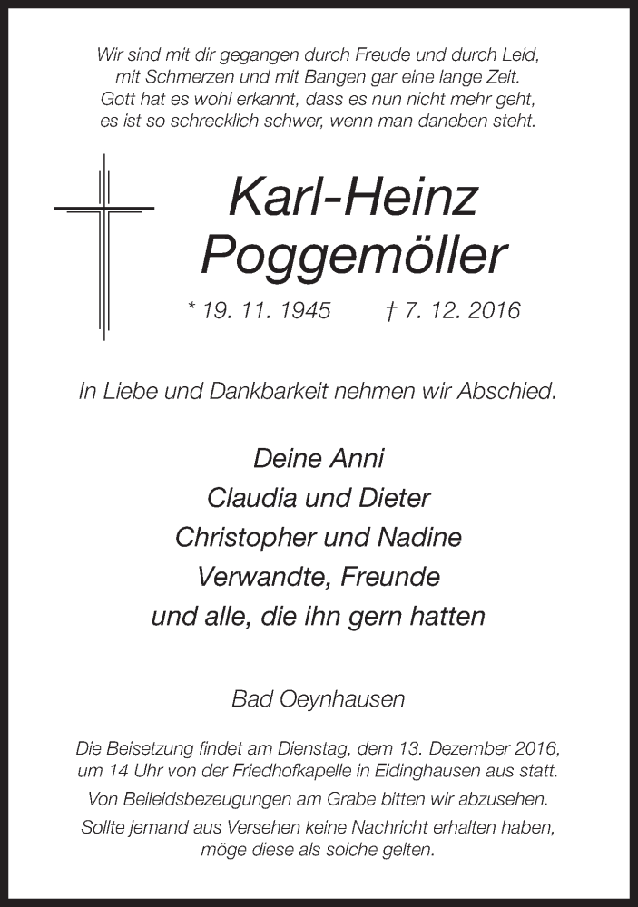  Traueranzeige für Karl-Heinz Poggemöller vom 09.12.2016 aus Neue Westfälische