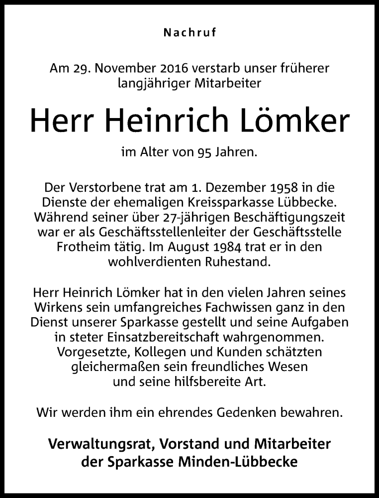  Traueranzeige für Heinrich Lömker vom 06.12.2016 aus Neue Westfälische