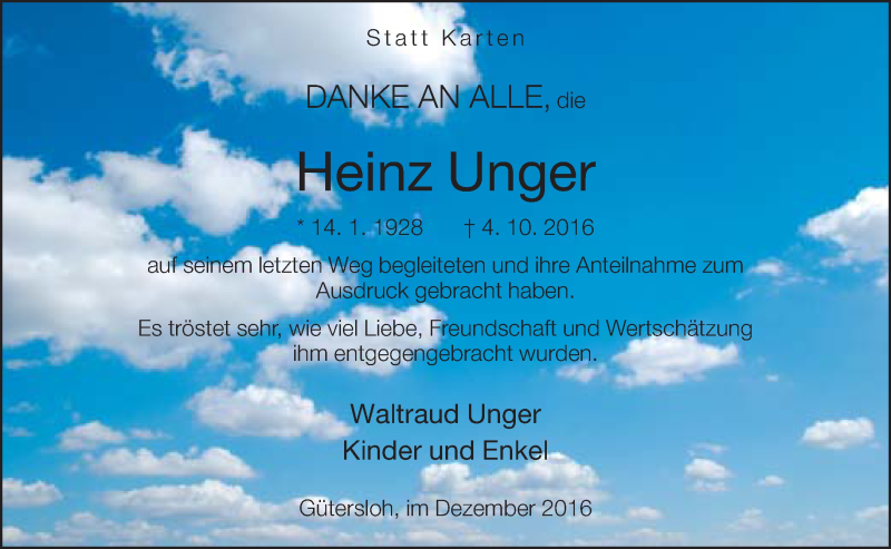  Traueranzeige für Heinz Unger vom 24.12.2016 aus Neue Westfälische