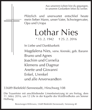 Traueranzeige von Lothar Nies von Neue Westfälische
