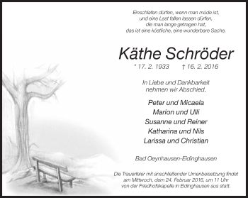 Traueranzeige von Käthe Schröder