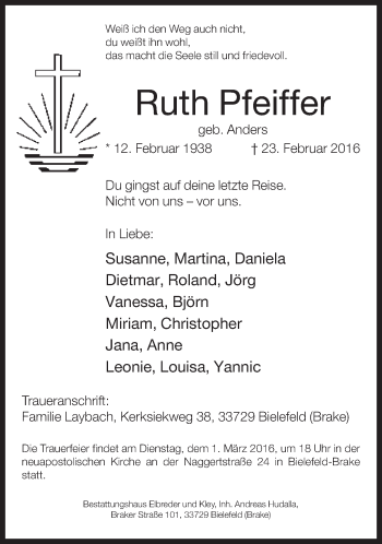 Traueranzeige von Ruth Pfeiffer von Neue Westfälische