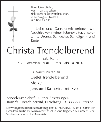 Traueranzeige von Christa Trendelberend von Neue Westfälische