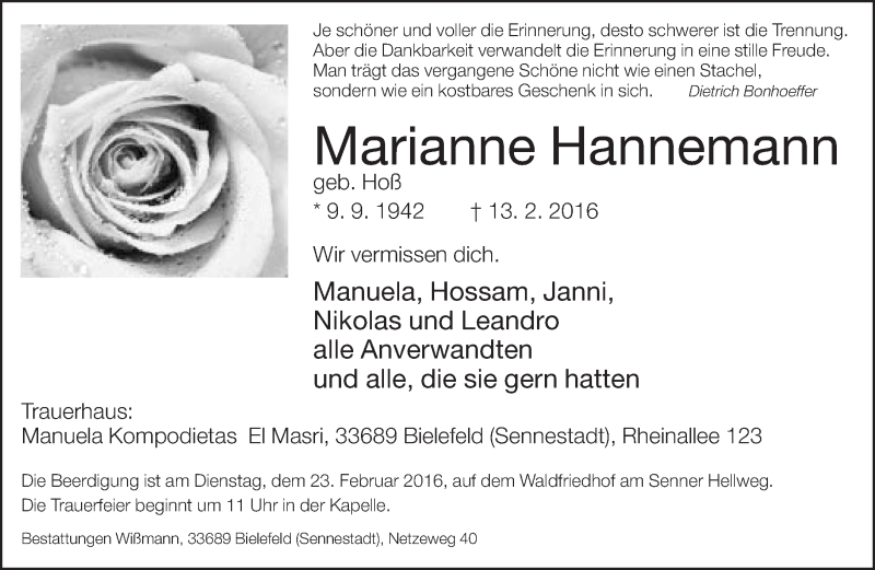  Traueranzeige für Marianne Hannemann vom 20.02.2016 aus Neue Westfälische