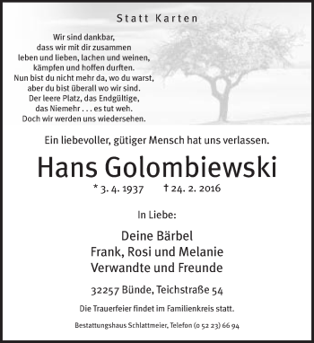 Traueranzeige von Hans Golombiewski von Neue Westfälische