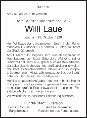 Traueranzeige von Willi Laue von Neue Westfälische