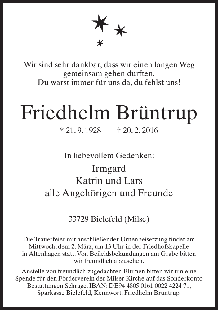  Traueranzeige für Friedhelm Brüntrup vom 26.02.2016 aus Neue Westfälische