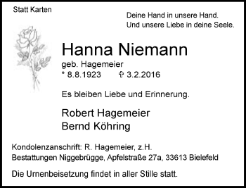 Traueranzeige von Hanna Niemann von Neue Westfälische