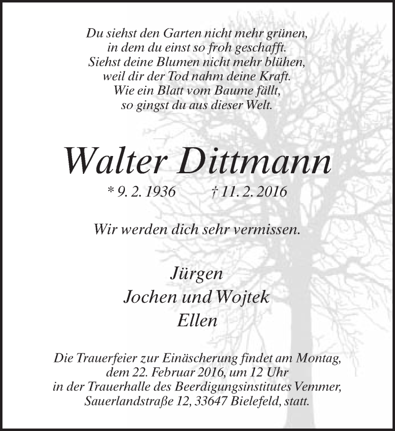  Traueranzeige für Walter Diamann vom 13.02.2016 aus Neue Westfälische