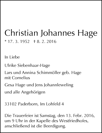 Traueranzeige von Christian Johannes Hage von Neue Westfälische