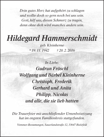 Traueranzeige von Hildegard Hammerschmidt von Neue Westfälische