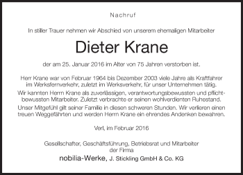 Traueranzeige von Dieter Krane von Neue Westfälische