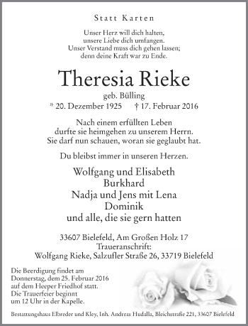Traueranzeige von Theresia Rieke von Neue Westfälische