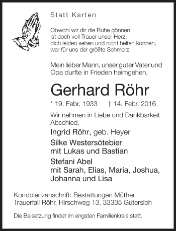 Traueranzeige von Gerhard Röhr von Neue Westfälische