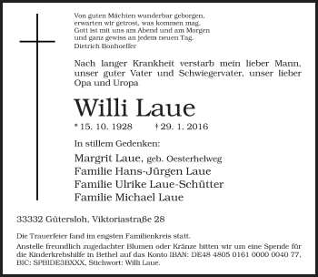 Traueranzeige von Willi Laue von Neue Westfälische