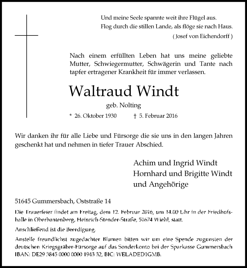  Traueranzeige für Waltraud Windt vom 09.02.2016 aus Neue Westfälische