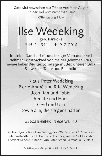 Traueranzeige von Ilse Wedeking von Neue Westfälische